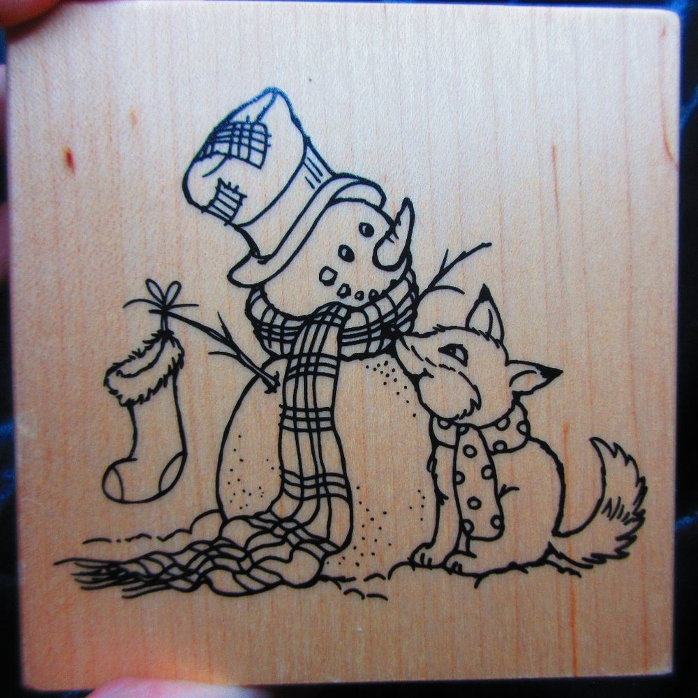 Snowman With Fox Wood Mounted Stamp 4.25" X 4.25"